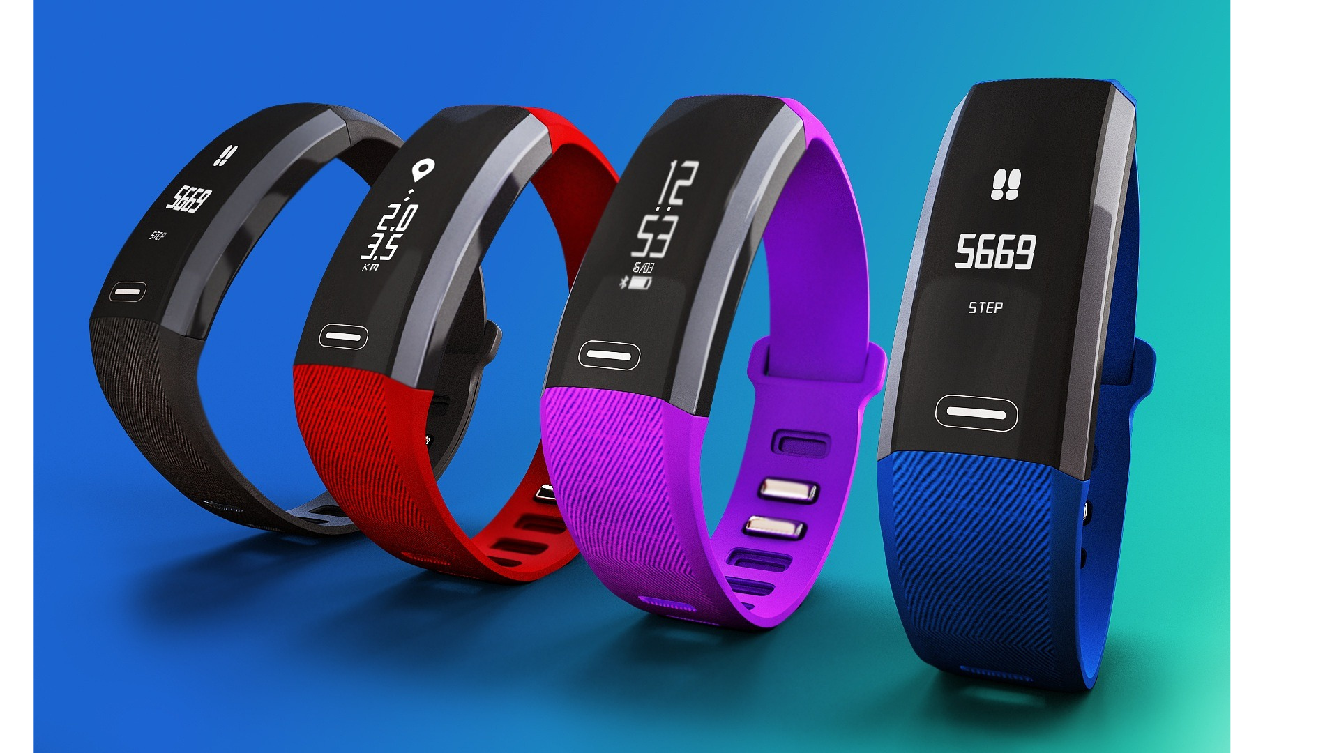 Fitness Trackers with different coloured straps