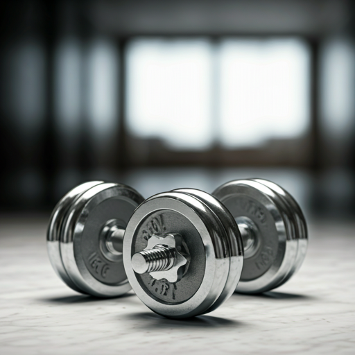 A pair of sleek, silver dumbbells resting on a marble surface, ready for a workout.